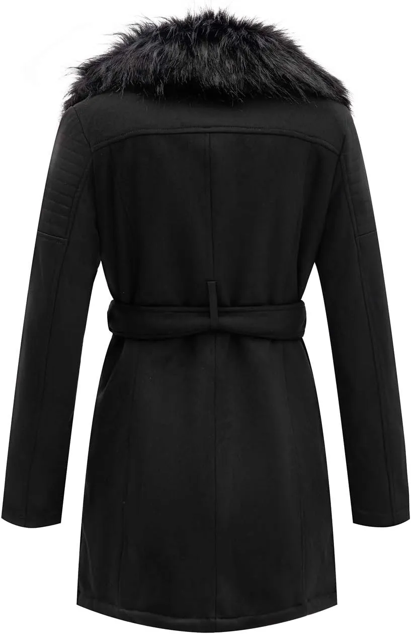 Bellivera Women Faux Leather Trench Coat Fleece-Lined Mid-length Jacket with Detachable Fur Collar