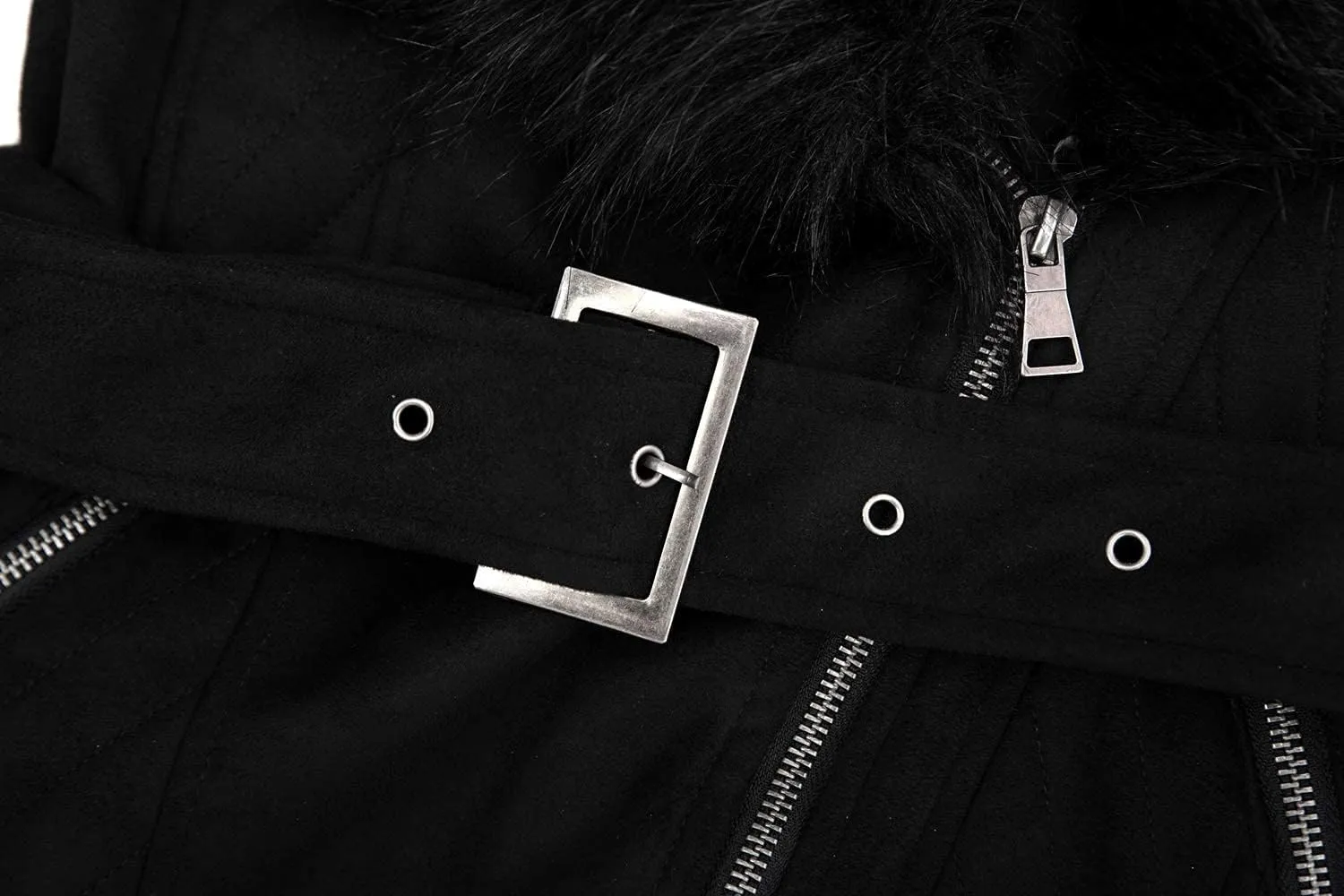 Bellivera Women Faux Leather Trench Coat Fleece-Lined Mid-length Jacket with Detachable Fur Collar