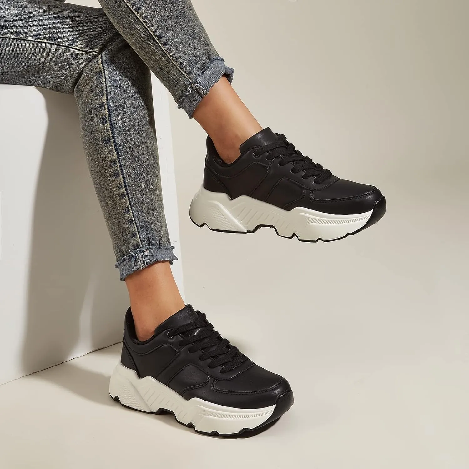 BELOS Women's Platform Chunky Sneakers Fashion Dad Sneakers Casual Lace Up Comfortable Lightweigt Walking Shoes