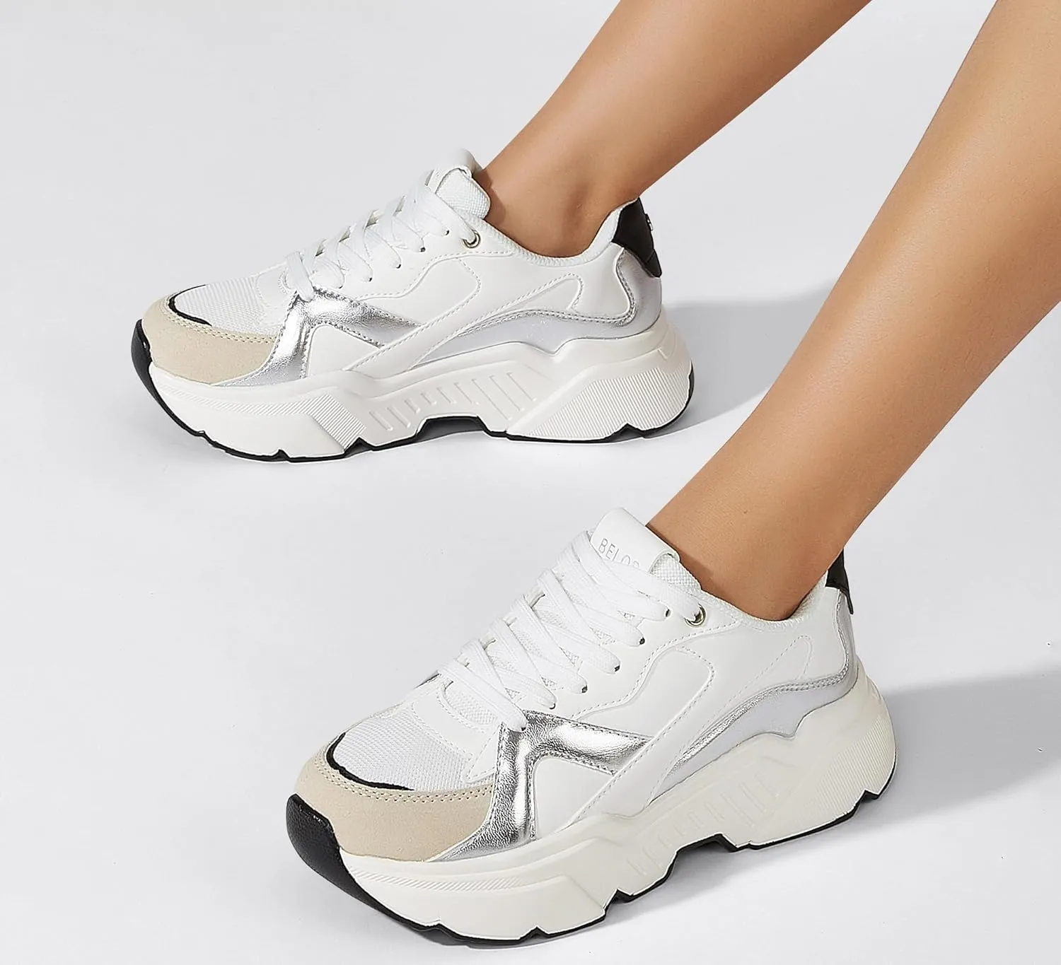BELOS Women's Platform Chunky Sneakers Fashion Dad Sneakers Casual Lace Up Comfortable Lightweigt Walking Shoes