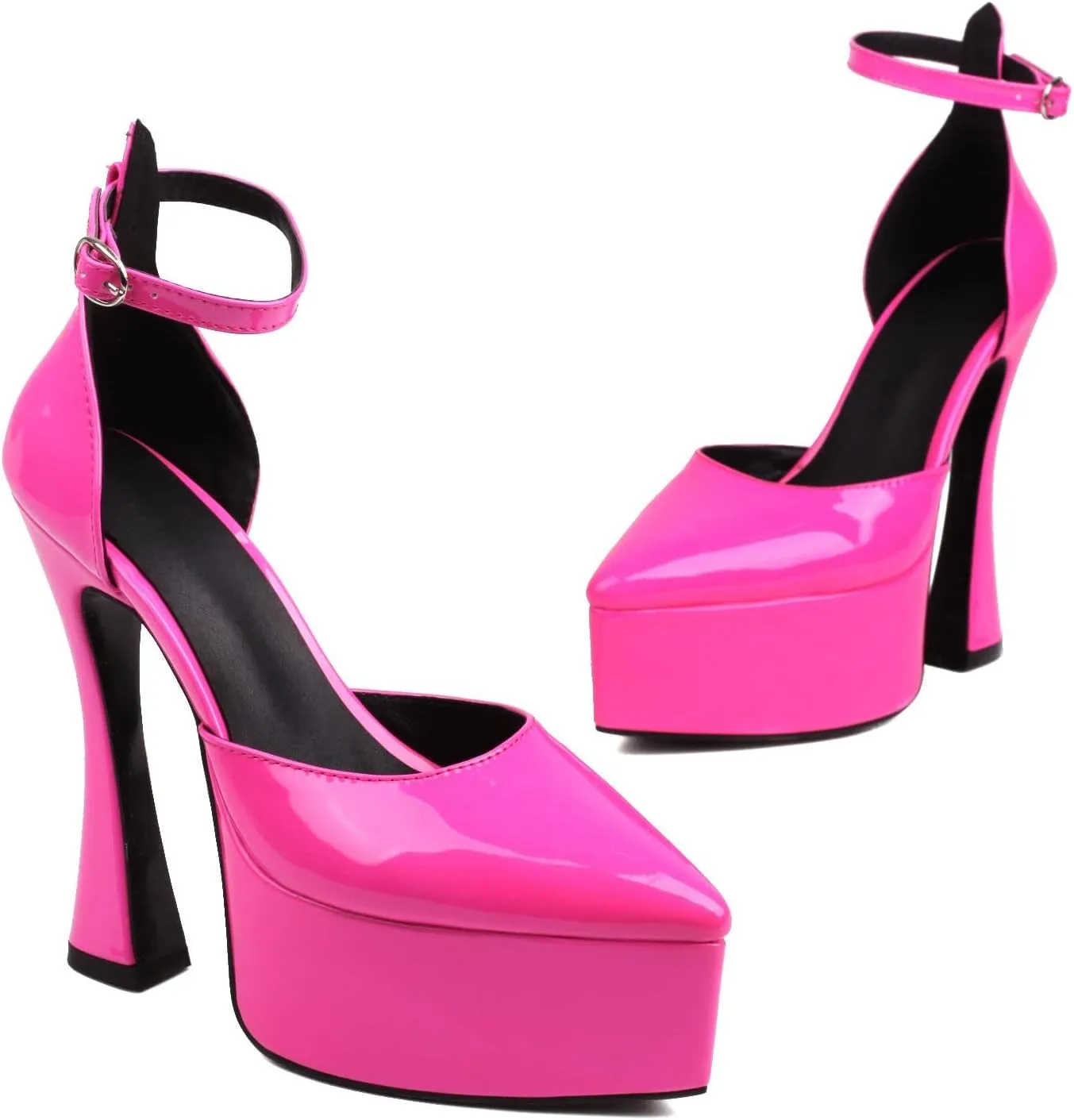 Betastella Women's Pointed Toe Platform High Chunky Heels Patent Leather Ankle Strap Pumps Closed Toe Block Heel Sandals Wedding Party Shoes