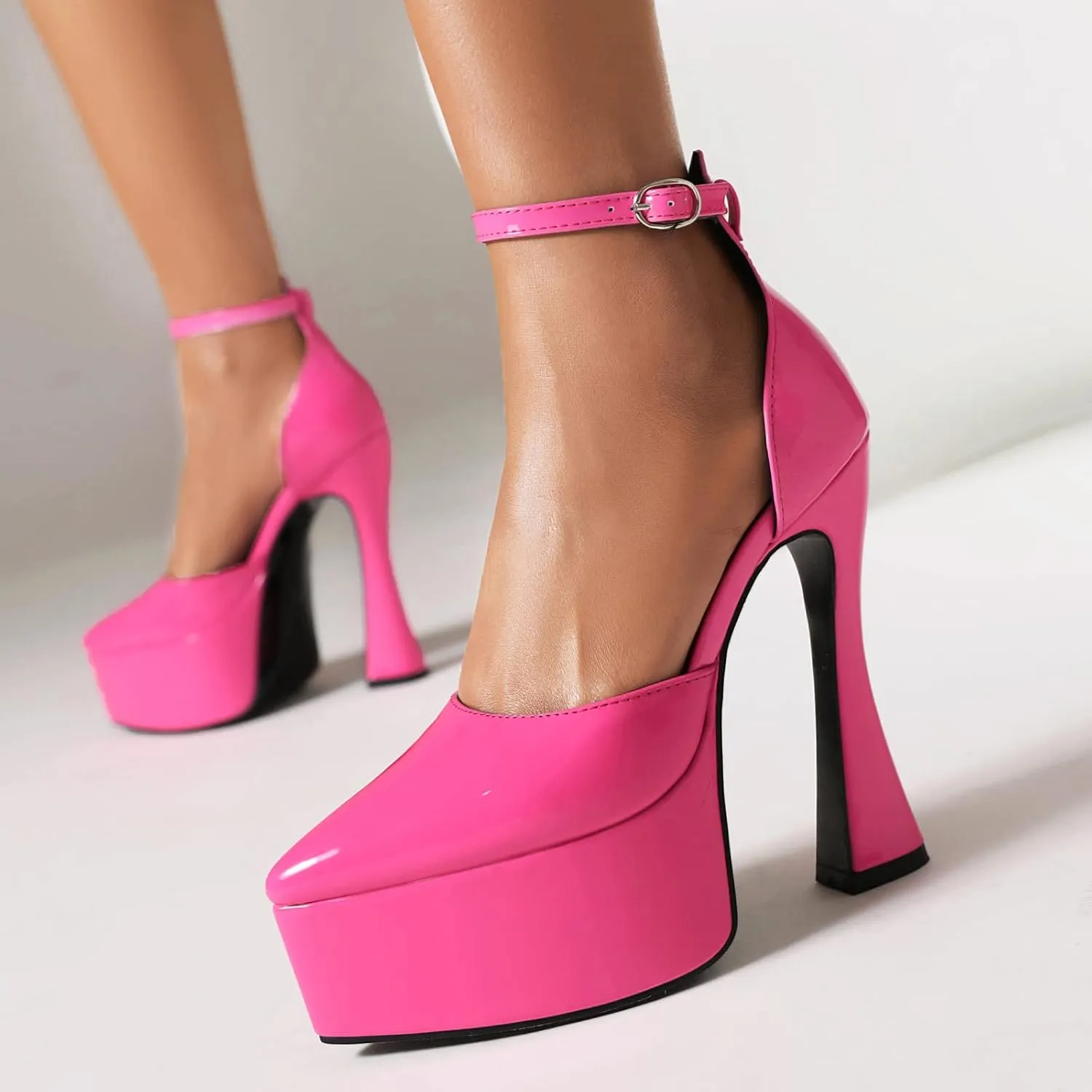 Betastella Women's Pointed Toe Platform High Chunky Heels Patent Leather Ankle Strap Pumps Closed Toe Block Heel Sandals Wedding Party Shoes