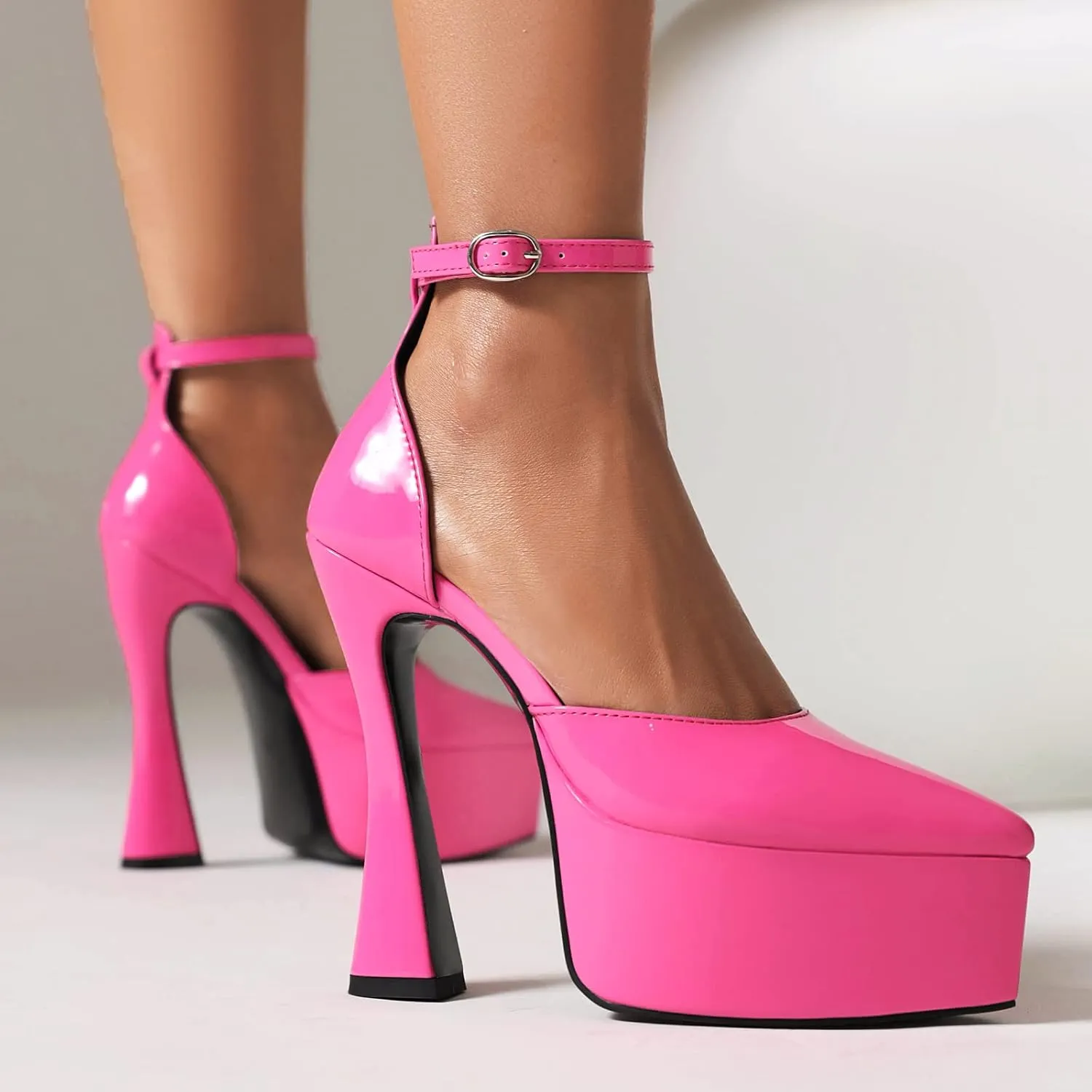 Betastella Women's Pointed Toe Platform High Chunky Heels Patent Leather Ankle Strap Pumps Closed Toe Block Heel Sandals Wedding Party Shoes