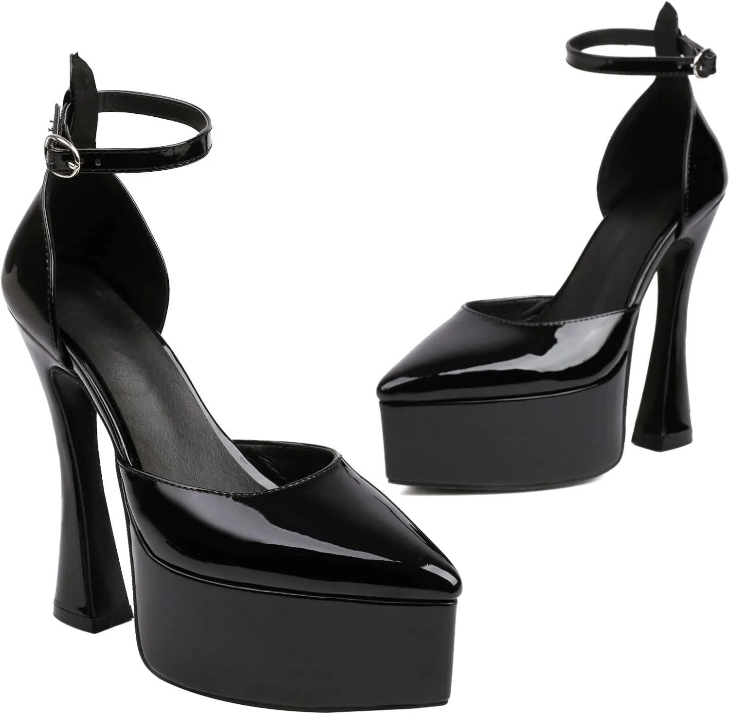 Betastella Women's Pointed Toe Platform High Chunky Heels Patent Leather Ankle Strap Pumps Closed Toe Block Heel Sandals Wedding Party Shoes