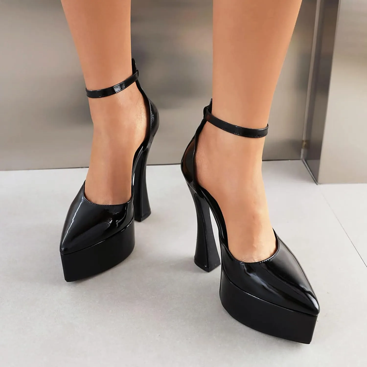 Betastella Women's Pointed Toe Platform High Chunky Heels Patent Leather Ankle Strap Pumps Closed Toe Block Heel Sandals Wedding Party Shoes