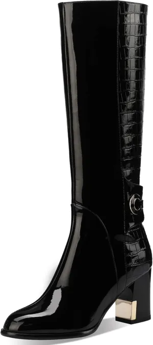 Black Knee High Boots Women High Heel Wide Calf Tall Thigh High Cowboy Cowgirl Winter Botas Para Mujer Chunky Block Western Waterproof Rain Snow Comfortable Shoes