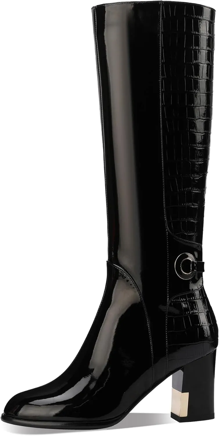 Black Knee High Boots Women High Heel Wide Calf Tall Thigh High Cowboy Cowgirl Winter Botas Para Mujer Chunky Block Western Waterproof Rain Snow Comfortable Shoes