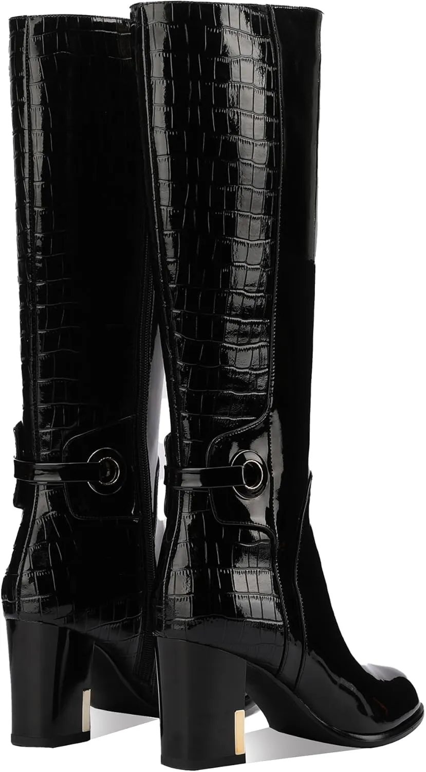 Black Knee High Boots Women High Heel Wide Calf Tall Thigh High Cowboy Cowgirl Winter Botas Para Mujer Chunky Block Western Waterproof Rain Snow Comfortable Shoes
