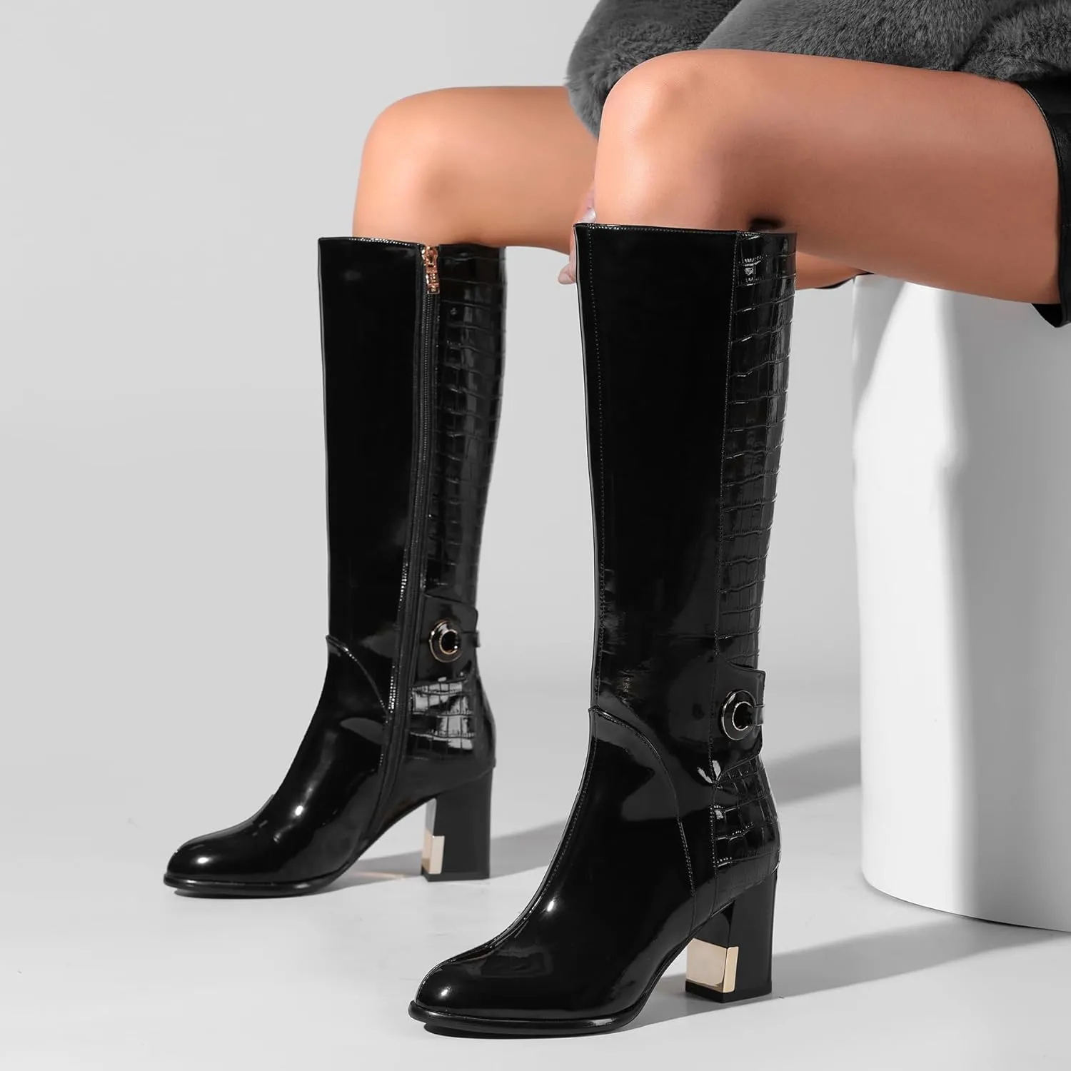 Black Knee High Boots Women High Heel Wide Calf Tall Thigh High Cowboy Cowgirl Winter Botas Para Mujer Chunky Block Western Waterproof Rain Snow Comfortable Shoes
