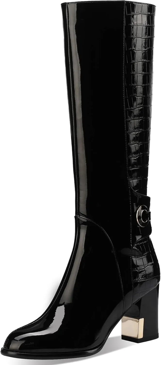 Black Knee High Boots Women High Heel Wide Calf Tall Thigh High Cowboy Cowgirl Winter Botas Para Mujer Chunky Block Western Waterproof Rain Snow Comfortable Shoes