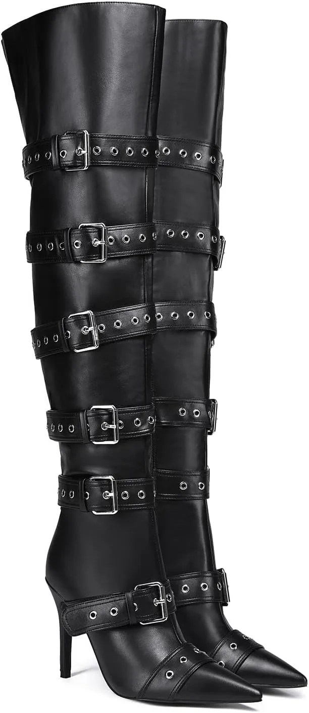 Black Side Buckle Over The Knee High Boots For Women Sexy Fashion Pointed Toe Zipper Leather Stiletto Thigh High Boots