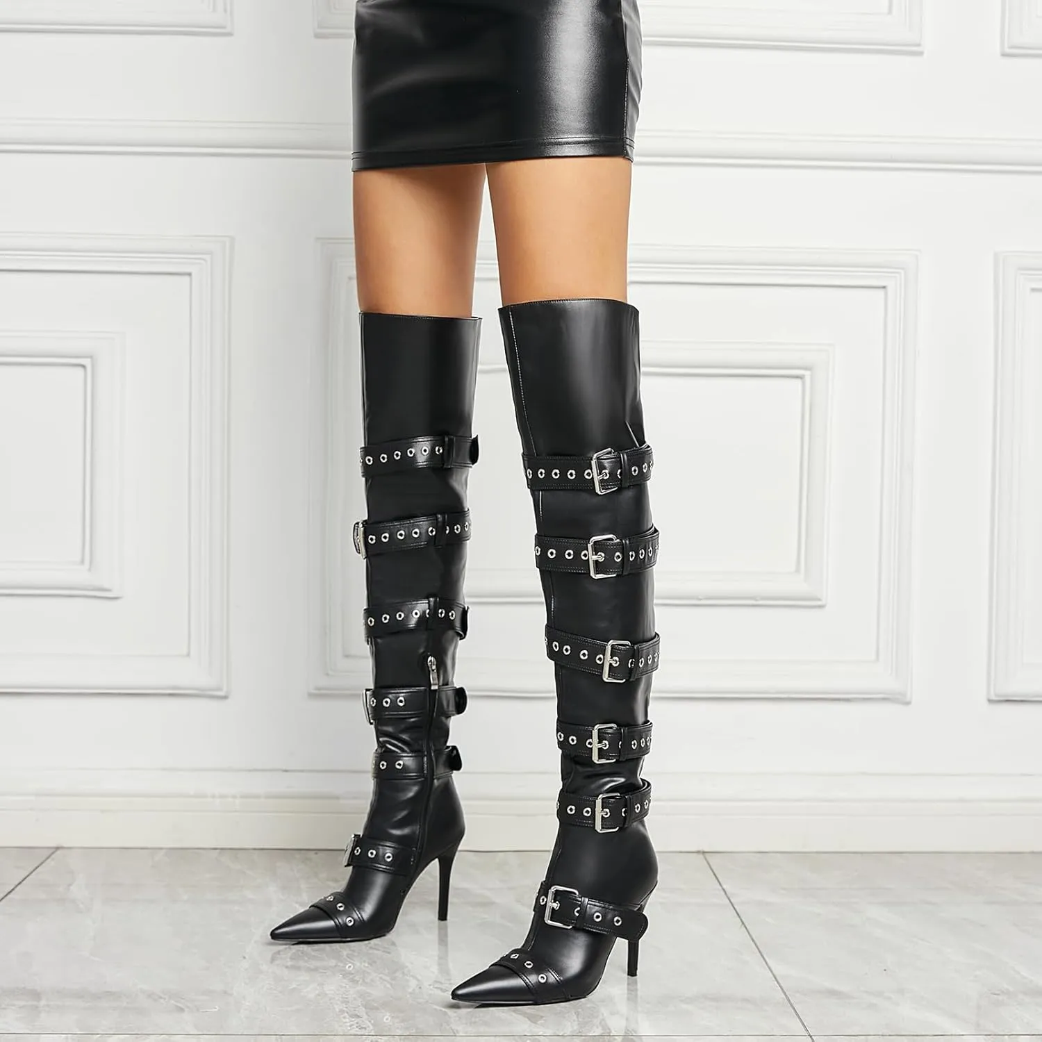 Black Side Buckle Over The Knee High Boots For Women Sexy Fashion Pointed Toe Zipper Leather Stiletto Thigh High Boots