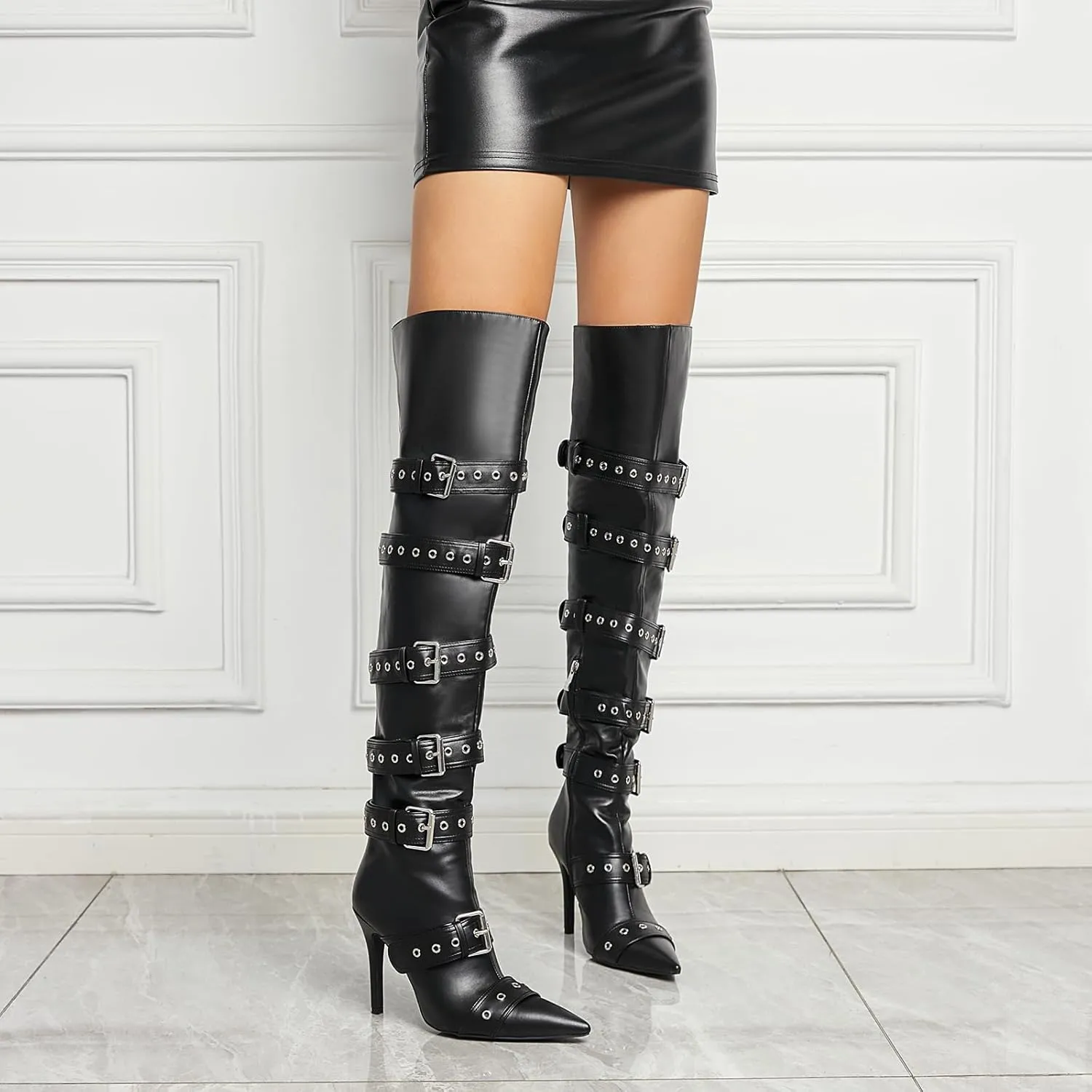 Black Side Buckle Over The Knee High Boots For Women Sexy Fashion Pointed Toe Zipper Leather Stiletto Thigh High Boots
