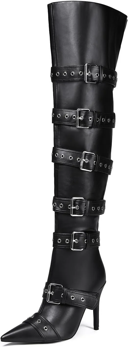 Black Side Buckle Over The Knee High Boots For Women Sexy Fashion Pointed Toe Zipper Leather Stiletto Thigh High Boots