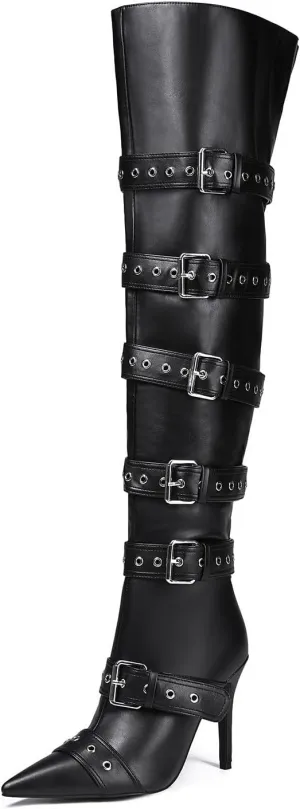 Black Side Buckle Over The Knee High Boots For Women Sexy Fashion Pointed Toe Zipper Leather Stiletto Thigh High Boots