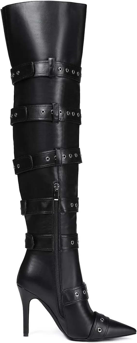 Black Side Buckle Over The Knee High Boots For Women Sexy Fashion Pointed Toe Zipper Leather Stiletto Thigh High Boots