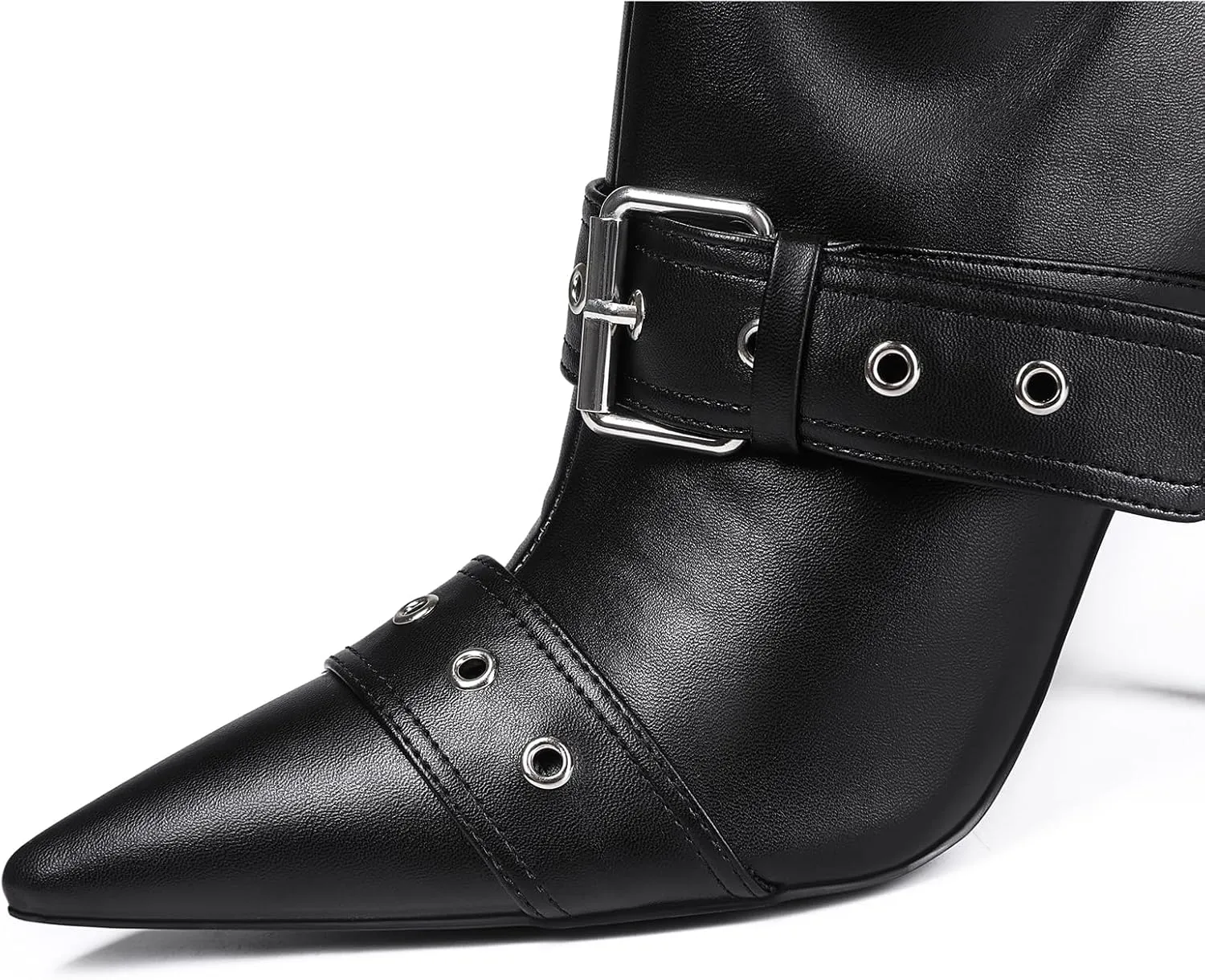 Black Side Buckle Over The Knee High Boots For Women Sexy Fashion Pointed Toe Zipper Leather Stiletto Thigh High Boots