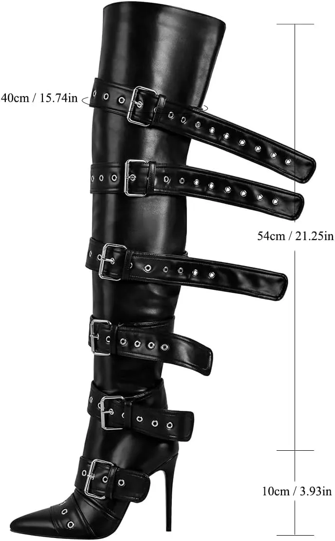 Black Side Buckle Over The Knee High Boots For Women Sexy Fashion Pointed Toe Zipper Leather Stiletto Thigh High Boots