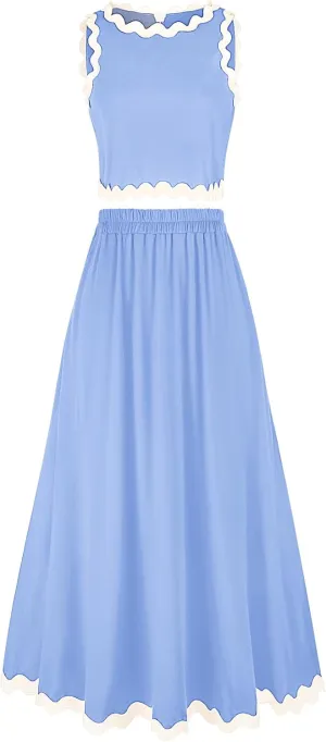BLEVONH Womens 2 Piece Outfits Dressy Casual Summer Crop Tops Ric Rac Trim High Waisted Maxi Skirt Set with Pocket