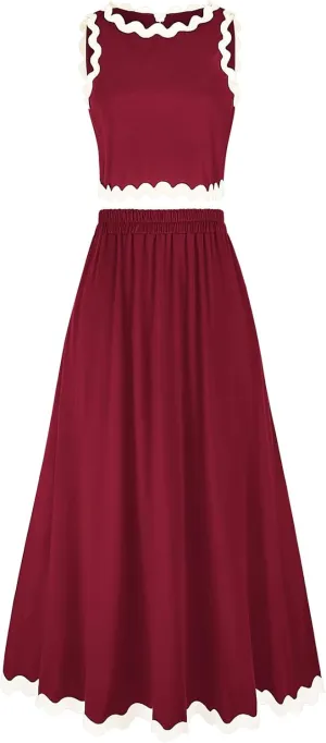 BLEVONH Womens 2 Piece Outfits Dressy Casual Summer Crop Tops Ric Rac Trim High Waisted Maxi Skirt Set with Pocket