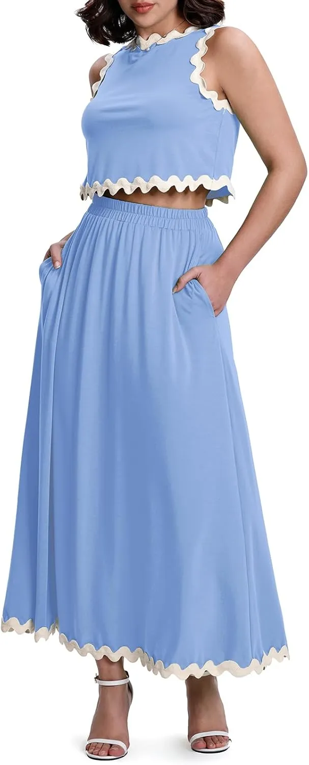 BLEVONH Womens 2 Piece Outfits Dressy Casual Summer Crop Tops Ric Rac Trim High Waisted Maxi Skirt Set with Pocket