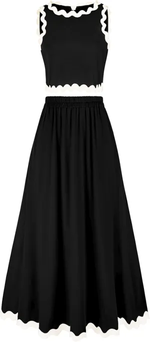 BLEVONH Womens 2 Piece Outfits Dressy Casual Summer Crop Tops Ric Rac Trim High Waisted Maxi Skirt Set with Pocket