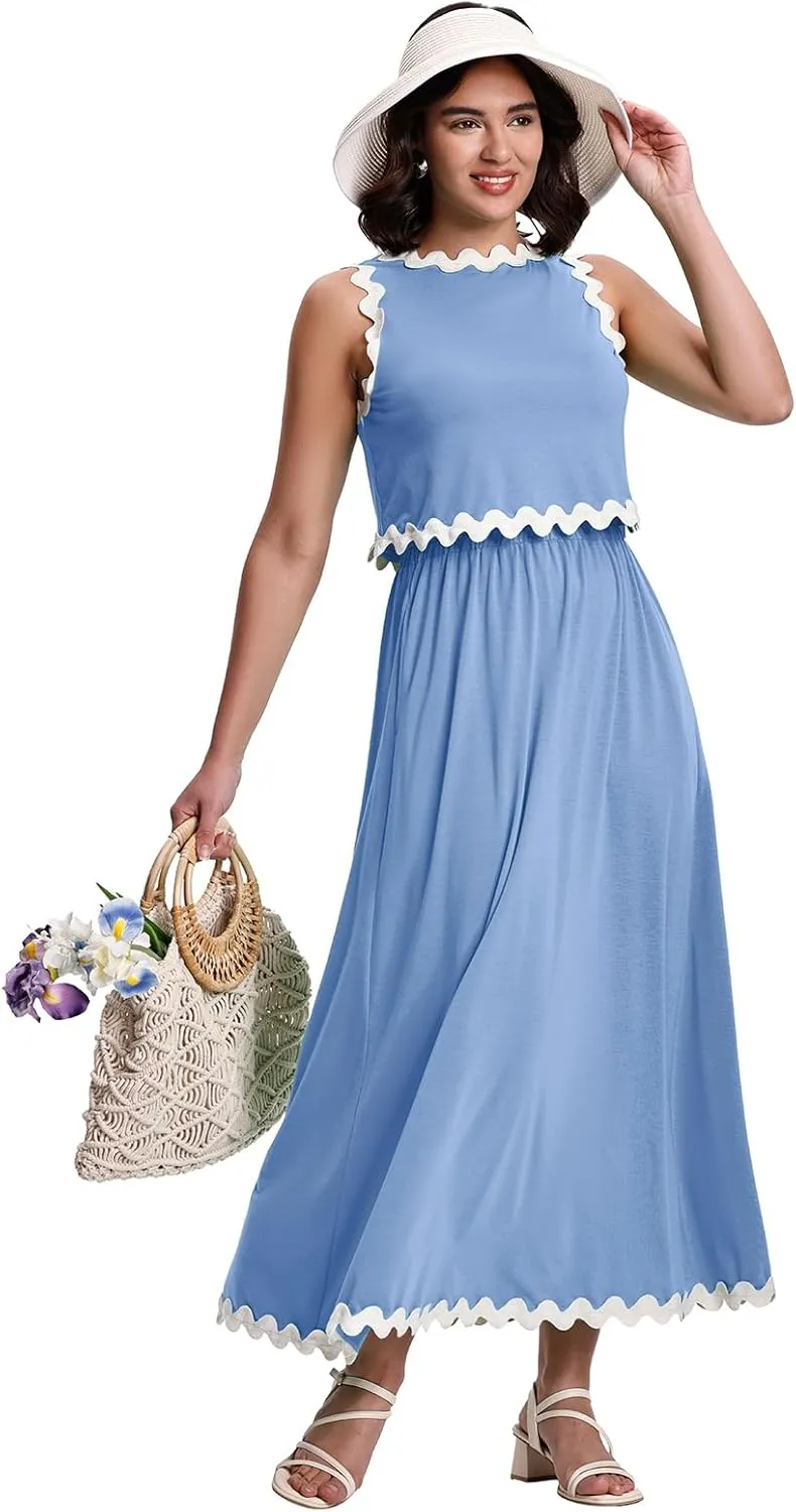 BLEVONH Womens 2 Piece Outfits Dressy Casual Summer Crop Tops Ric Rac Trim High Waisted Maxi Skirt Set with Pocket