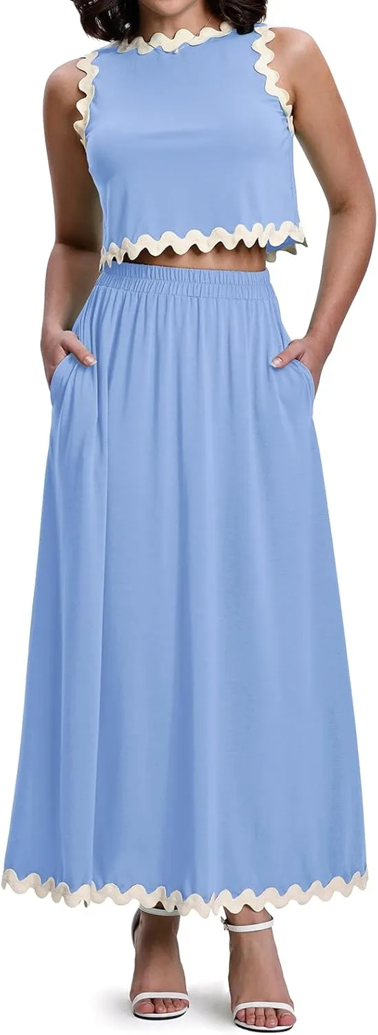 BLEVONH Womens 2 Piece Outfits Dressy Casual Summer Crop Tops Ric Rac Trim High Waisted Maxi Skirt Set with Pocket