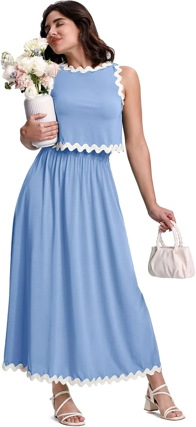 BLEVONH Womens 2 Piece Outfits Dressy Casual Summer Crop Tops Ric Rac Trim High Waisted Maxi Skirt Set with Pocket