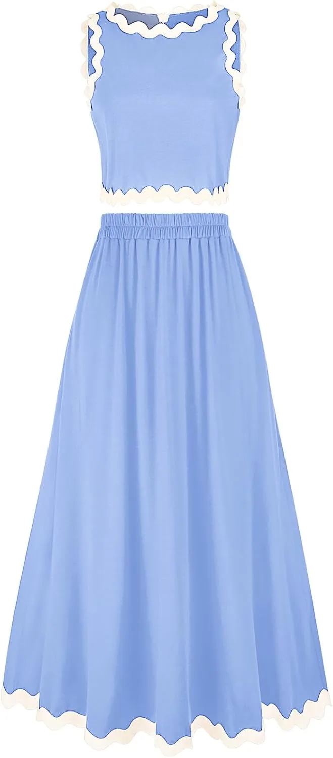 BLEVONH Womens 2 Piece Outfits Dressy Casual Summer Crop Tops Ric Rac Trim High Waisted Maxi Skirt Set with Pocket