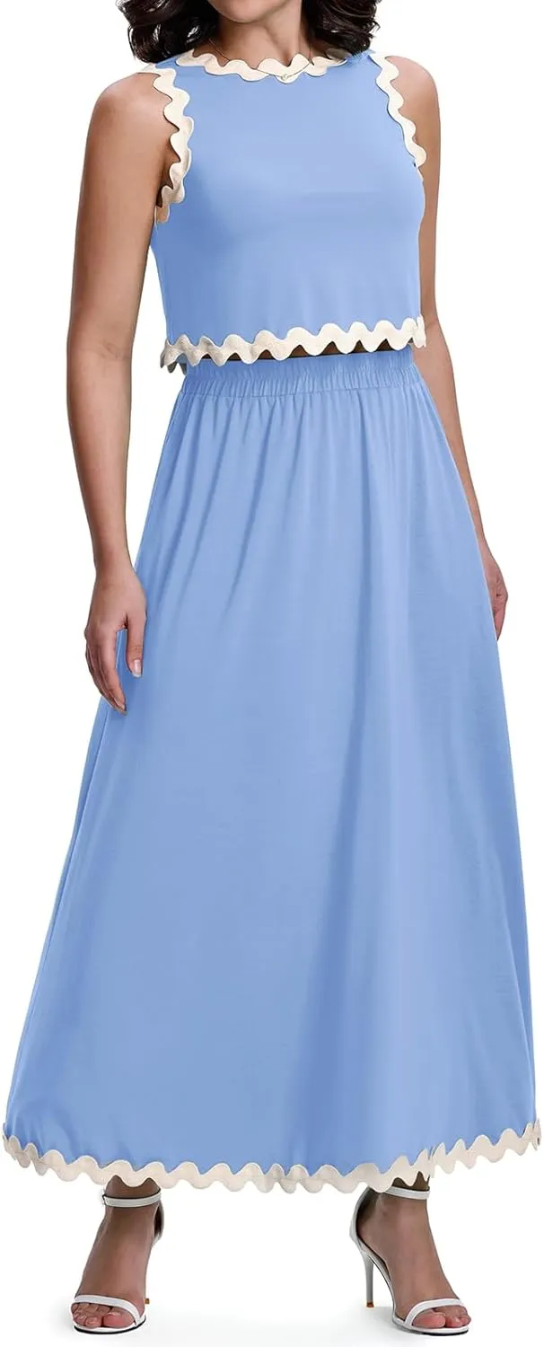 BLEVONH Womens 2 Piece Outfits Dressy Casual Summer Crop Tops Ric Rac Trim High Waisted Maxi Skirt Set with Pocket