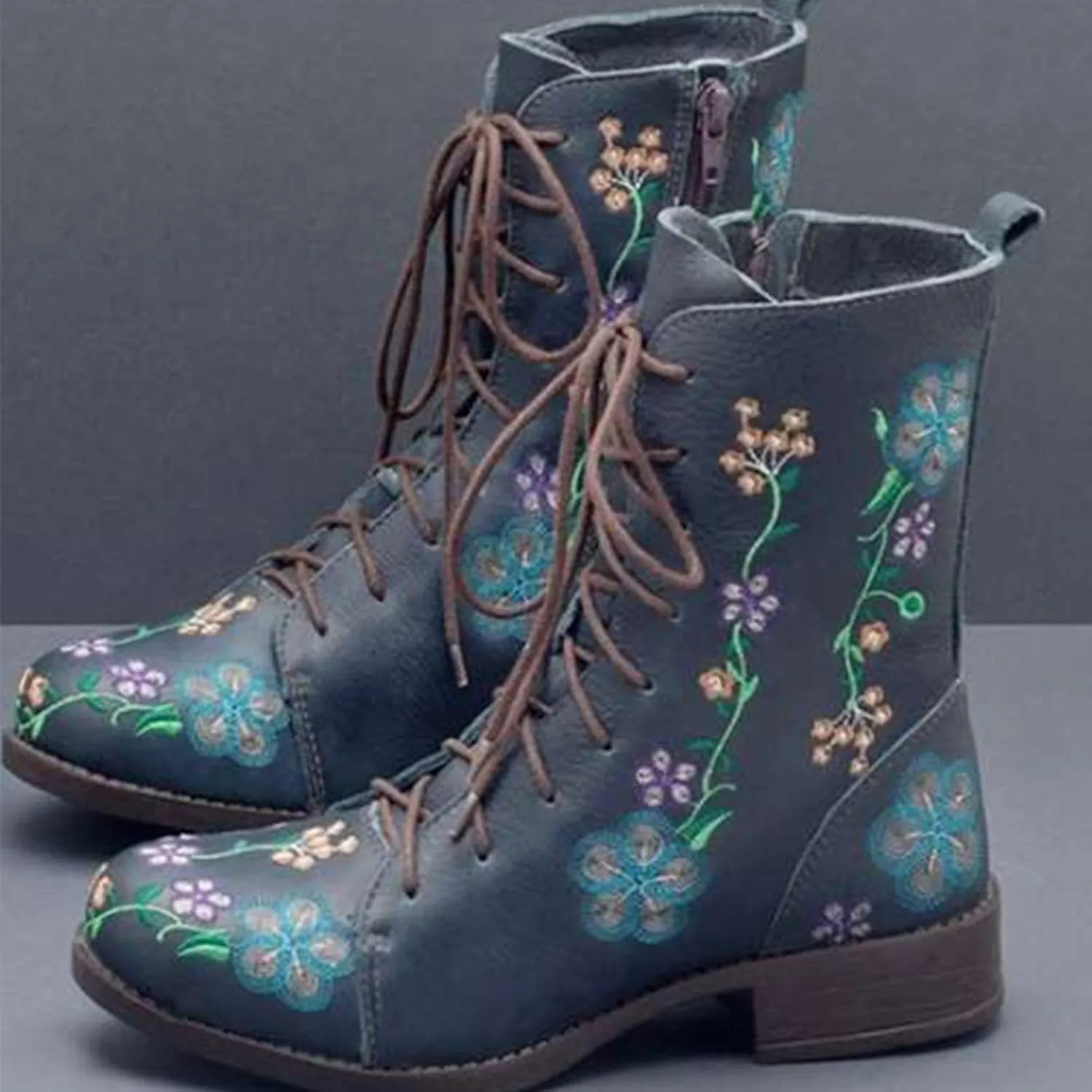 Boots for Women Printed Embroidery Boots Slipper Round Toe Chunky Heel Boots Outdoor Lace Up Mid Calf Boots