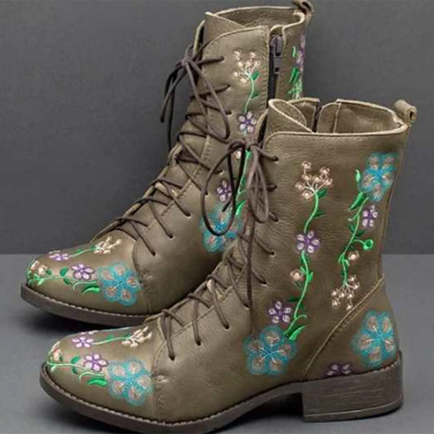 Boots for Women Printed Embroidery Boots Slipper Round Toe Chunky Heel Boots Outdoor Lace Up Mid Calf Boots