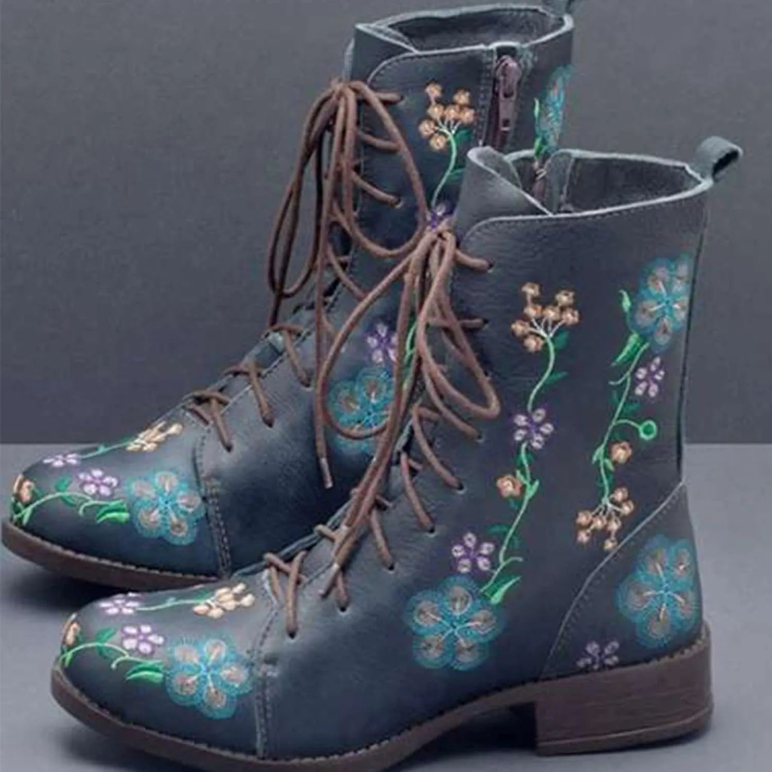 Boots for Women Printed Embroidery Boots Slipper Round Toe Chunky Heel Boots Outdoor Lace Up Mid Calf Boots