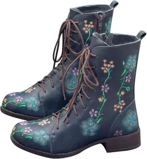 Boots for Women Printed Embroidery Boots Slipper Round Toe Chunky Heel Boots Outdoor Lace Up Mid Calf Boots