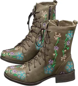 Boots for Women Printed Embroidery Boots Slipper Round Toe Chunky Heel Boots Outdoor Lace Up Mid Calf Boots