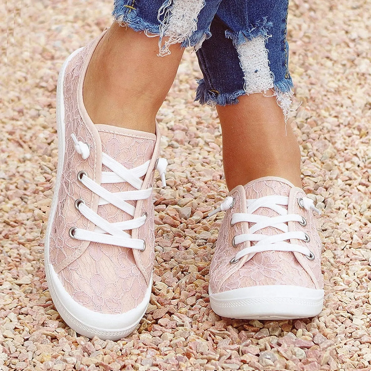 BORAMAX Women's Canvas Sneakers Low Cut Canvas Shoes Lace Up Fashion Tennis Shoes Breathable Flats Bride Lace Sneakers