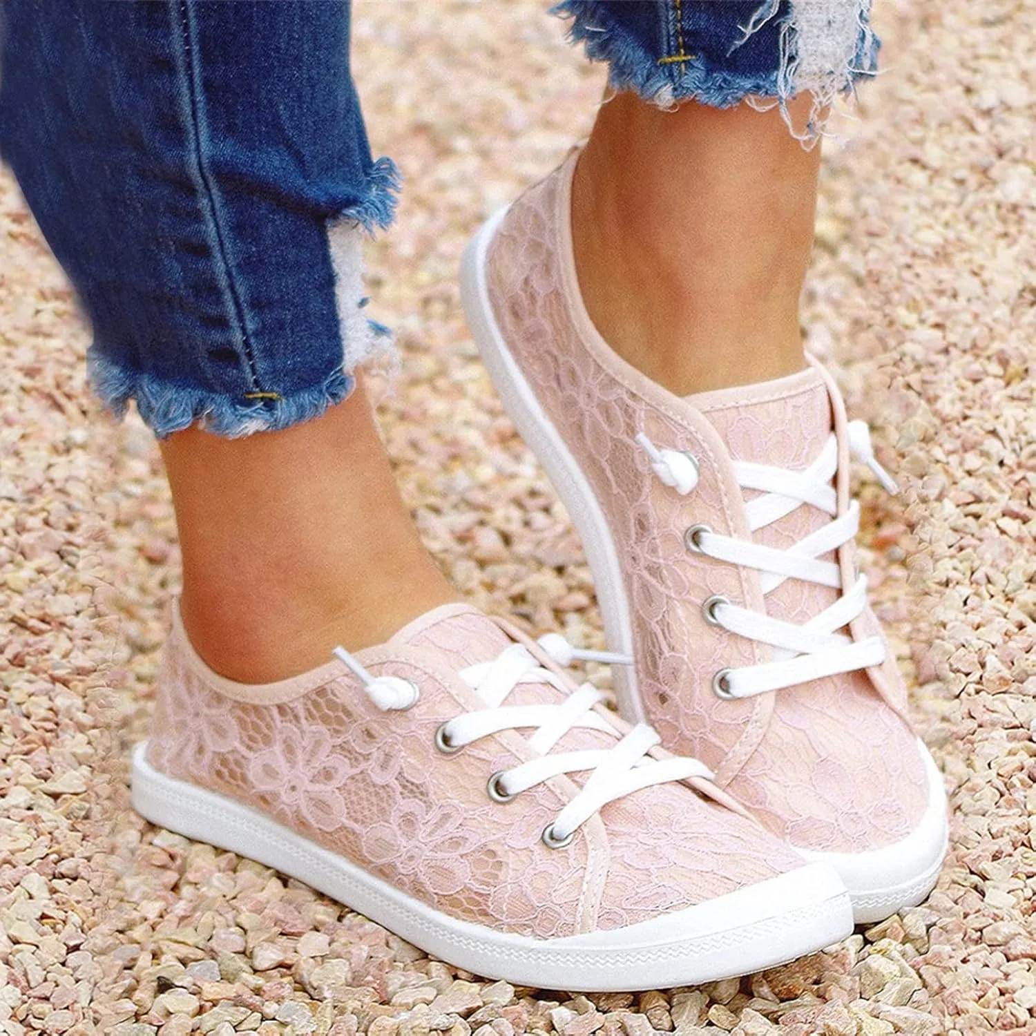 BORAMAX Women's Canvas Sneakers Low Cut Canvas Shoes Lace Up Fashion Tennis Shoes Breathable Flats Bride Lace Sneakers