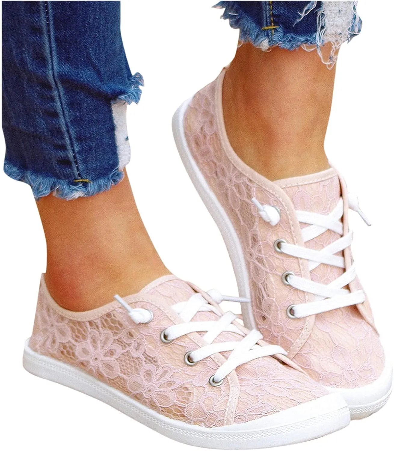 BORAMAX Women's Canvas Sneakers Low Cut Canvas Shoes Lace Up Fashion Tennis Shoes Breathable Flats Bride Lace Sneakers