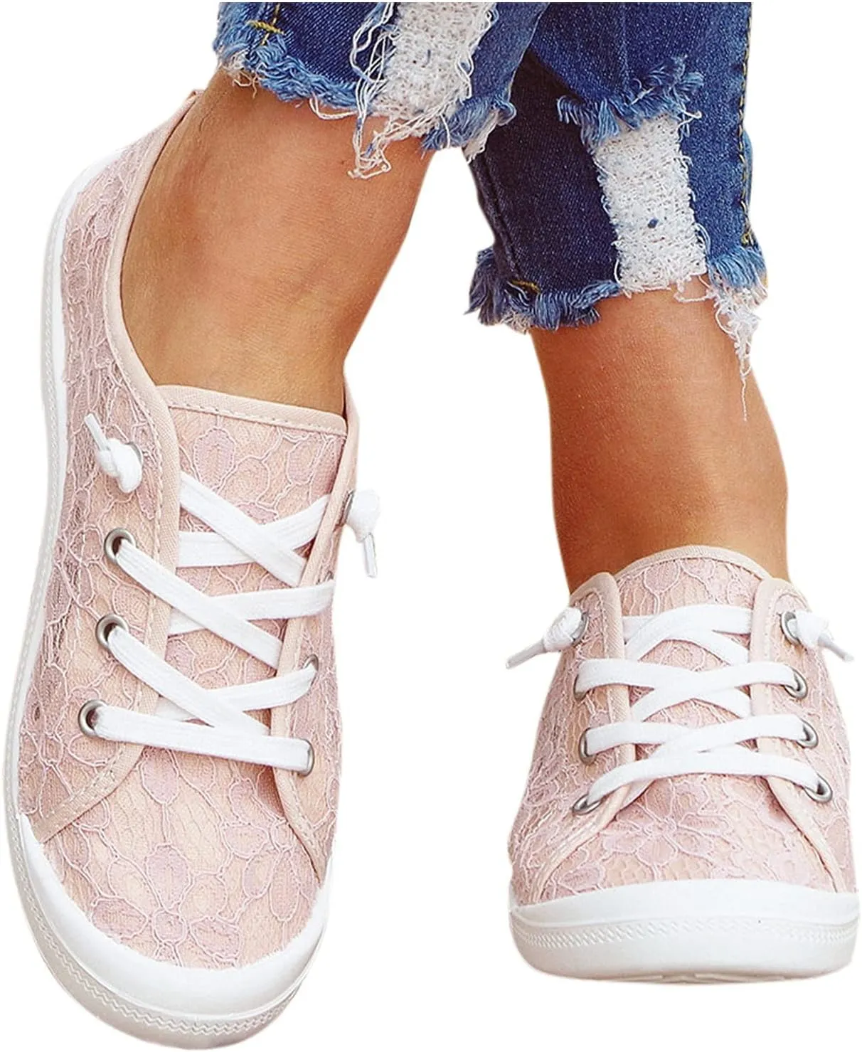 BORAMAX Women's Canvas Sneakers Low Cut Canvas Shoes Lace Up Fashion Tennis Shoes Breathable Flats Bride Lace Sneakers