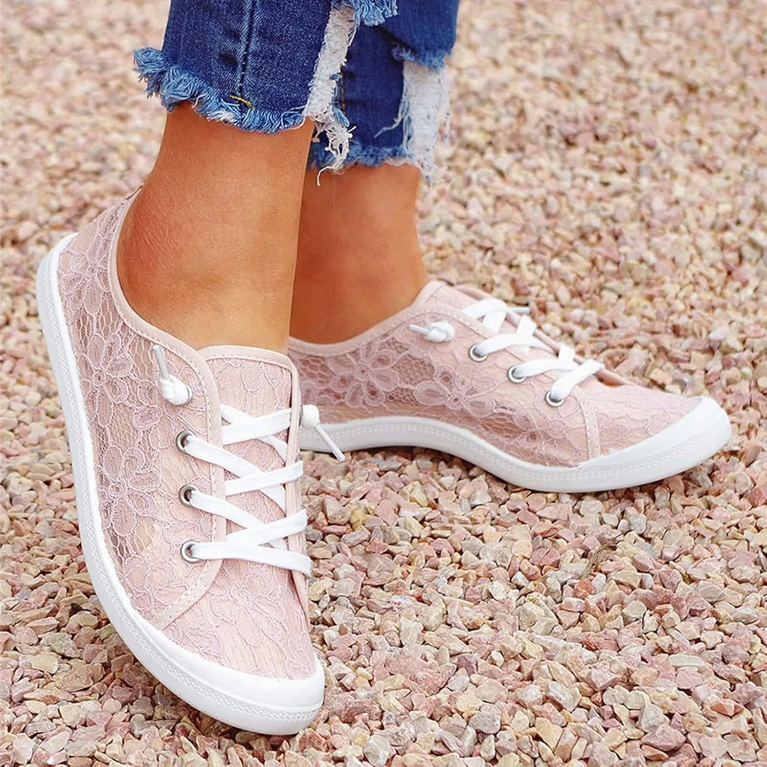 BORAMAX Women's Canvas Sneakers Low Cut Canvas Shoes Lace Up Fashion Tennis Shoes Breathable Flats Bride Lace Sneakers