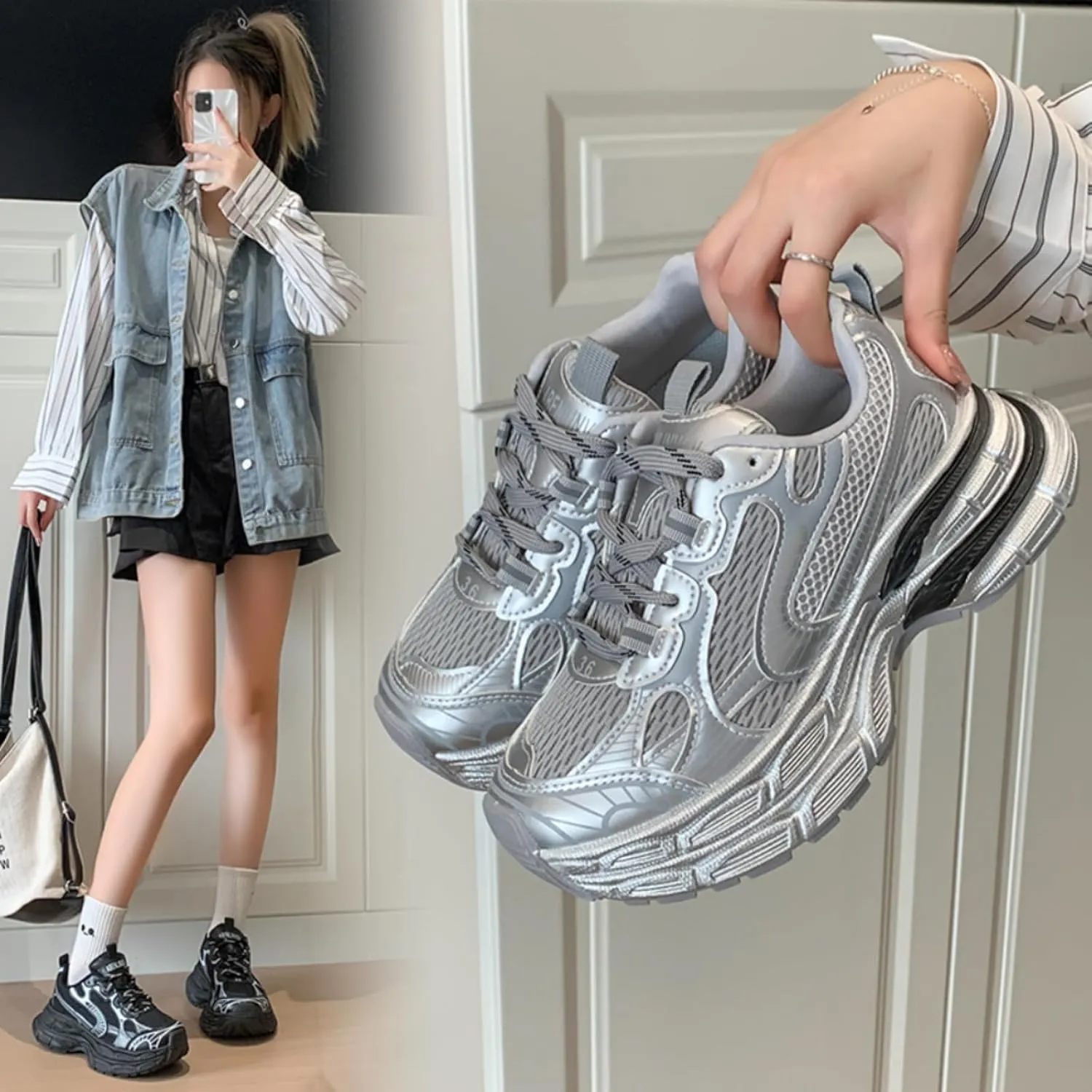Breathable Chunky Sneakers for Women Fashion Platform Height Gain Sneakers Comfortable Non-Slip Lace Up Casual Walking Dad Shoes