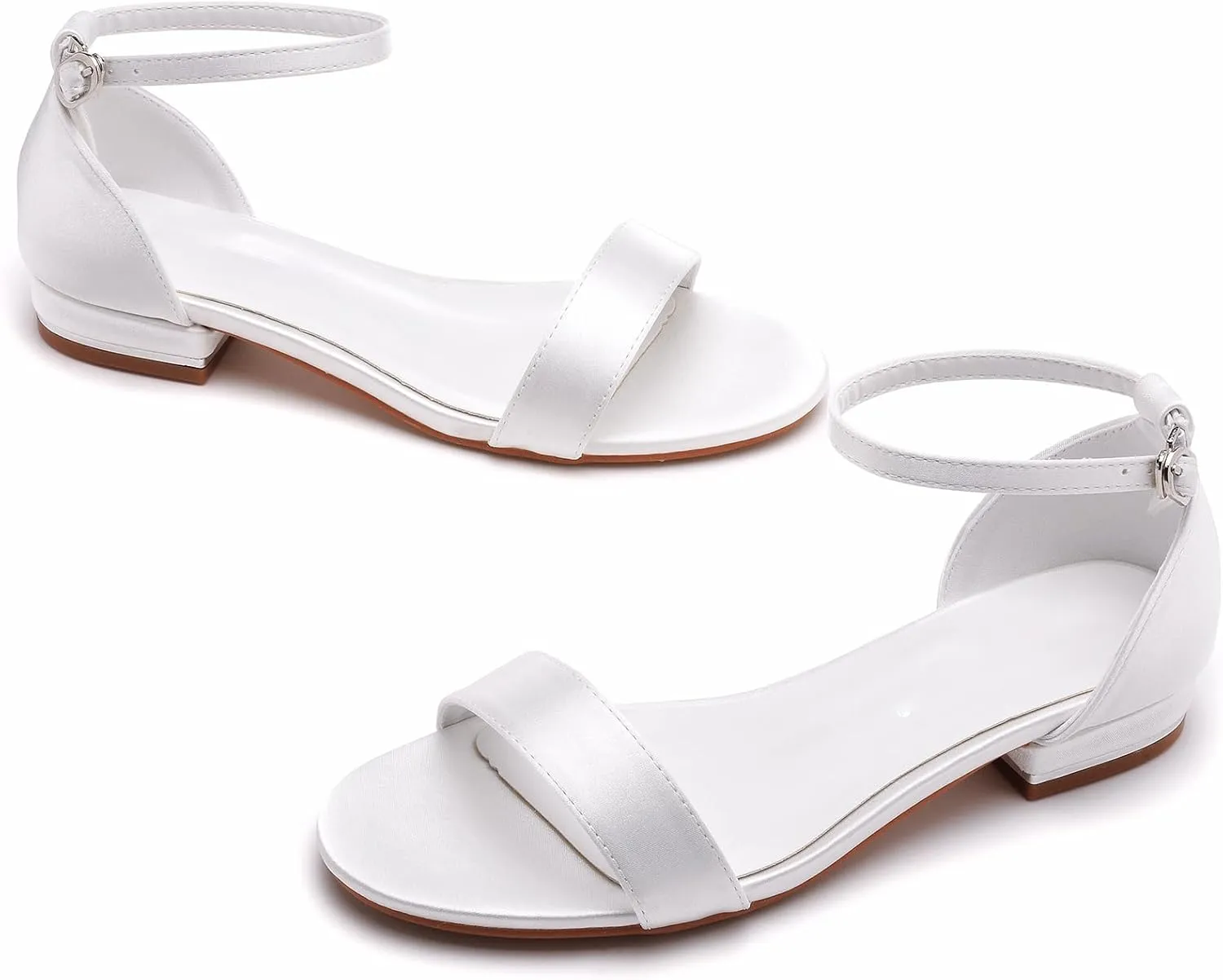 Bridal Shoes for Wedding White Low Sandals for Women Silk-Like Satin Peep Toe 1 Inch Flat Heel Leather Lining Rubber Outsole for Wedding Party Evening Casual