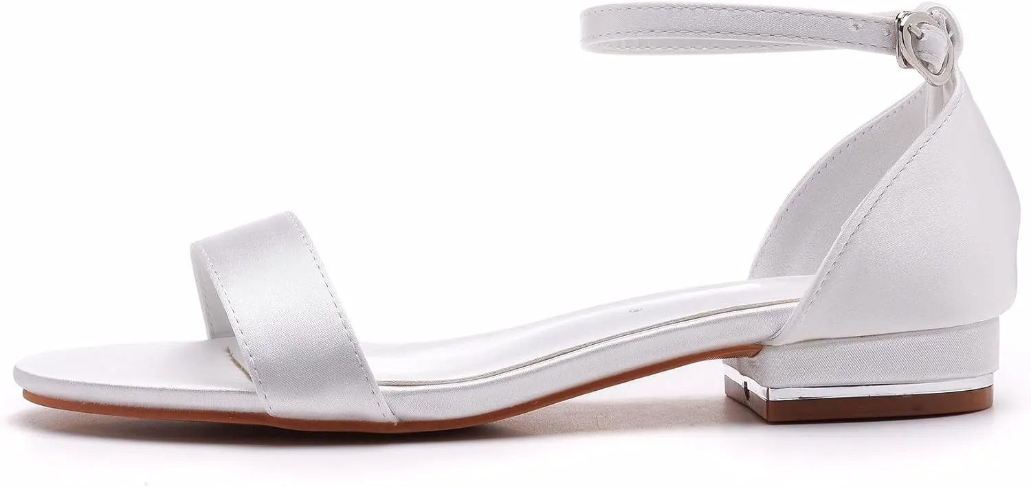 Bridal Shoes for Wedding White Low Sandals for Women Silk-Like Satin Peep Toe 1 Inch Flat Heel Leather Lining Rubber Outsole for Wedding Party Evening Casual