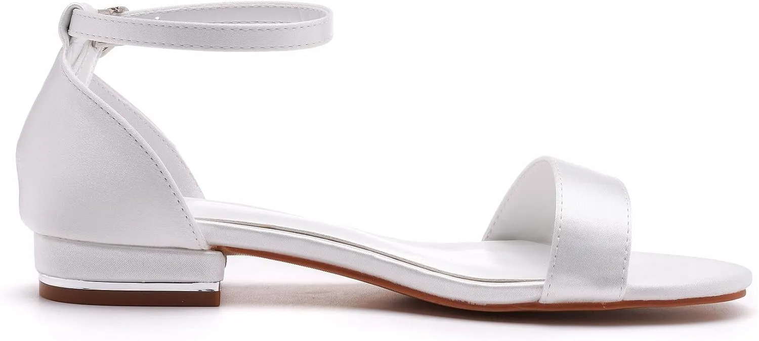 Bridal Shoes for Wedding White Low Sandals for Women Silk-Like Satin Peep Toe 1 Inch Flat Heel Leather Lining Rubber Outsole for Wedding Party Evening Casual