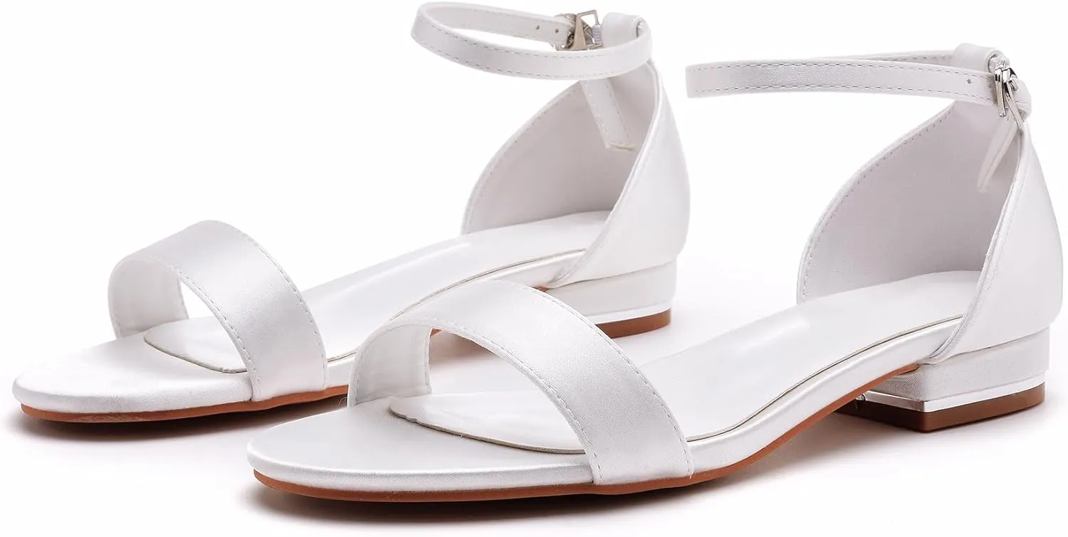 Bridal Shoes for Wedding White Low Sandals for Women Silk-Like Satin Peep Toe 1 Inch Flat Heel Leather Lining Rubber Outsole for Wedding Party Evening Casual
