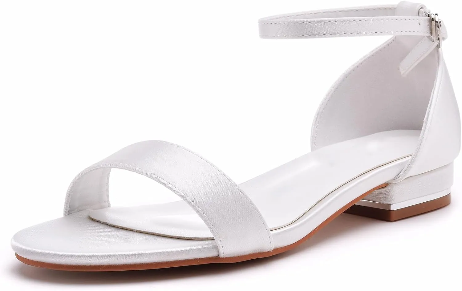Bridal Shoes for Wedding White Low Sandals for Women Silk-Like Satin Peep Toe 1 Inch Flat Heel Leather Lining Rubber Outsole for Wedding Party Evening Casual