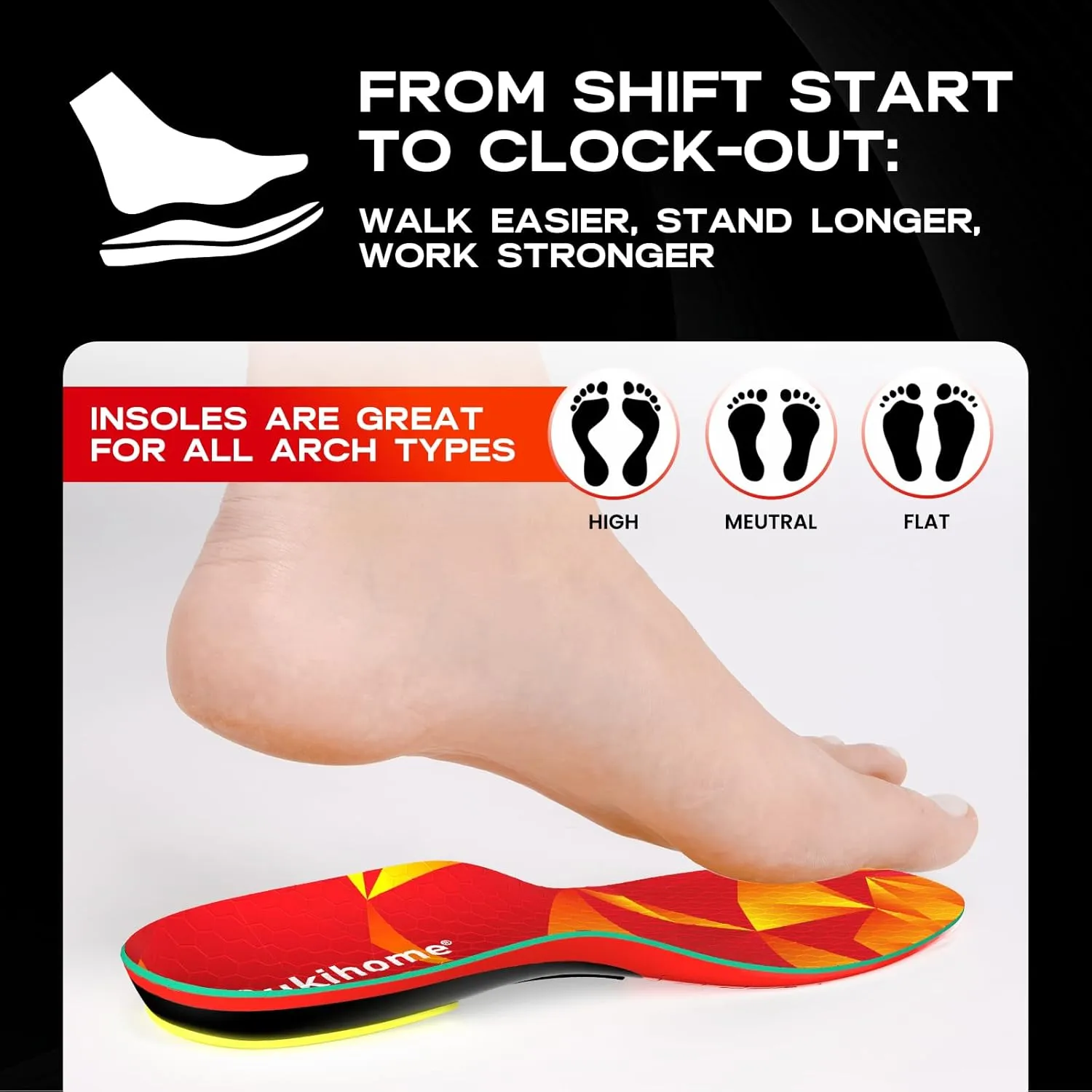 Bukihome Orthotic Insoles for Plantar Fasciitis Relief - Heavy Duty Work Insoles with Anti-Fatigue Arch Support, Shock Absorption & Heel Cushion - Men Women Shoe Inserts