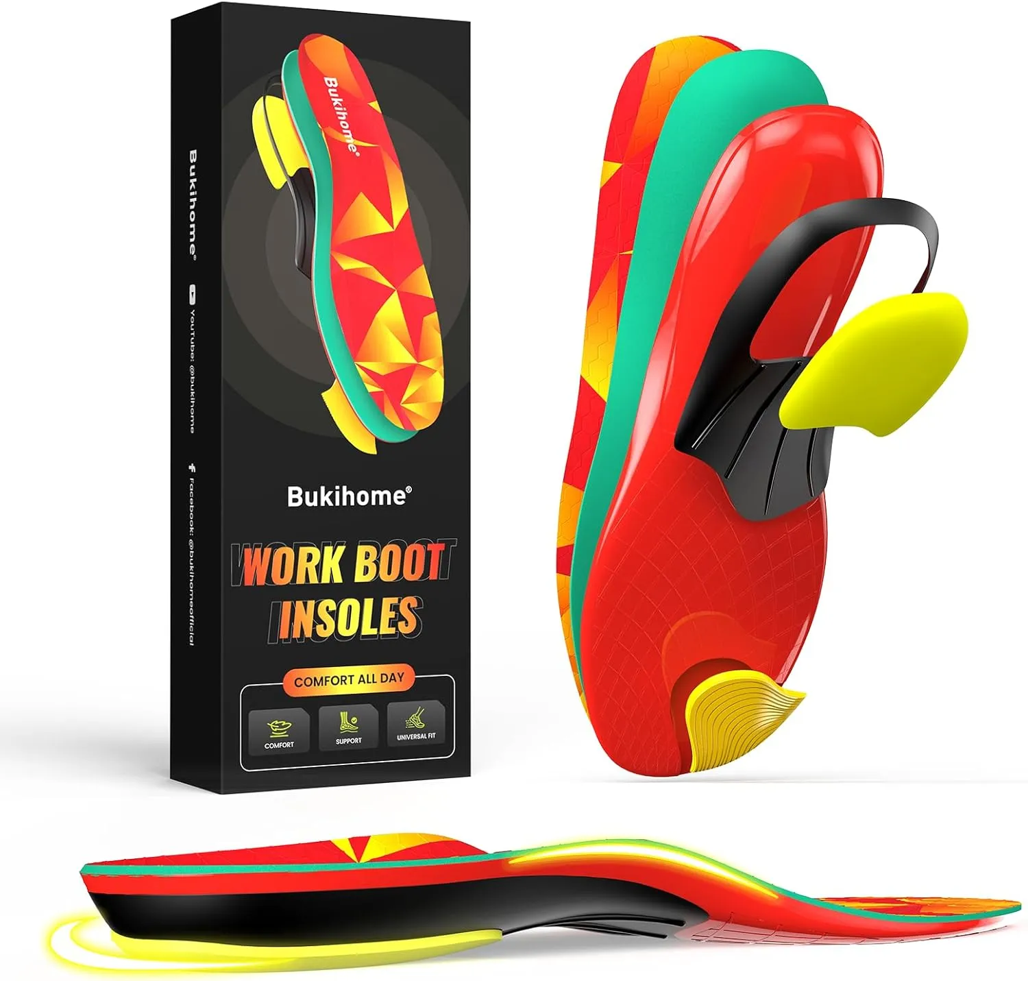 Bukihome Orthotic Insoles for Plantar Fasciitis Relief - Heavy Duty Work Insoles with Anti-Fatigue Arch Support, Shock Absorption & Heel Cushion - Men Women Shoe Inserts