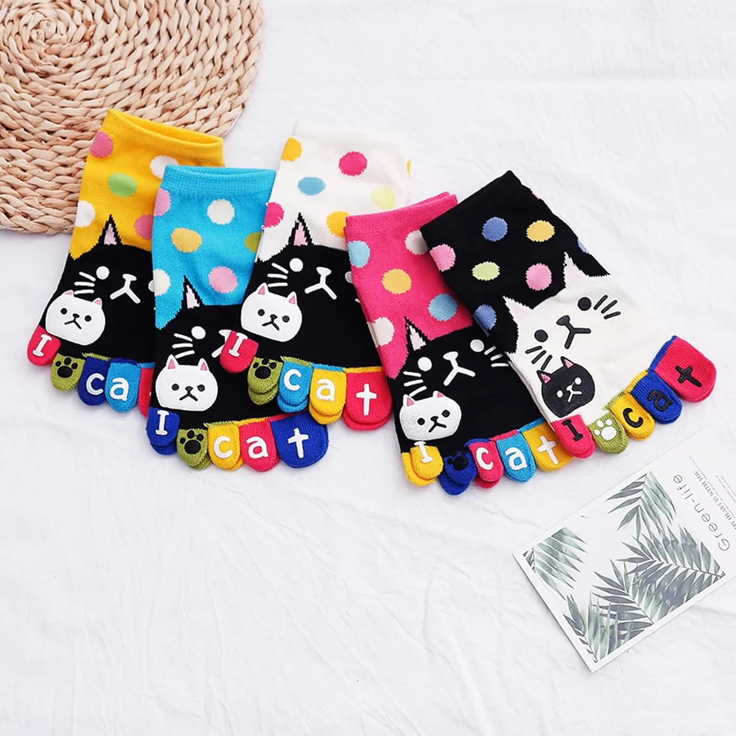 CaiDieNu Women's Animal Toe Socks - Cotton Five Finger Colorful Funny Casual Crew Socks for Ladies